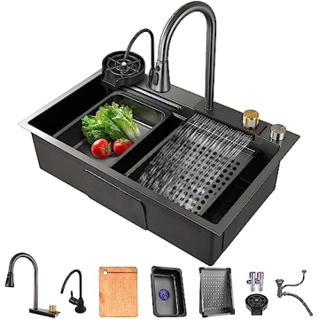 MWIDCIEW Gunmetal Gray Stainless Steel Waterfall Kitchen Sink with Faucet