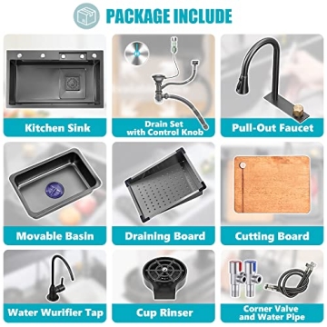 MWIDCIEW Waterfall Kitchen Sink with Faucet and Accessories
