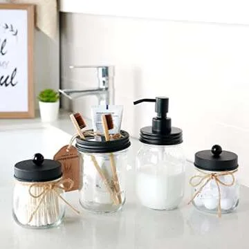 Amolliar Mason Jar Toothbrush Holder - Rustproof Stainless Steel - Holds 2 Toothbrushes and Toothpaste,with Chalkboard Labels - Farmhouse Décor Bathroom Countertop and Vanity Storage Organizer,Black