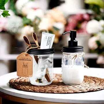 Amolliar Mason Jar Toothbrush Holder - Rustproof Stainless Steel - Holds 2 Toothbrushes and Toothpaste,with Chalkboard Labels - Farmhouse Décor Bathroom Countertop and Vanity Storage Organizer,Black