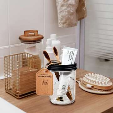 Amolliar Mason Jar Toothbrush Holder - Rustproof Stainless Steel - Holds 2 Toothbrushes and Toothpaste,with Chalkboard Labels - Farmhouse Décor Bathroom Countertop and Vanity Storage Organizer,Black