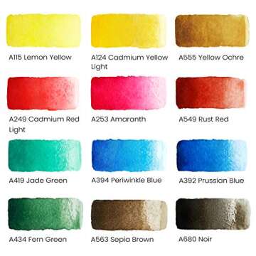 ARTEZA Watercolor Paint, Set of 12 Assorted Vibrant Colors in Half Pans, Tin Box with Water Brush Pe...