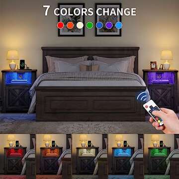 YITAHOME Farmhouse Nightstand with Charging Station & LED Lights, Nightstands Set of 2 Small Bedside Tables Set of 2, Side Tables Bedroom, Rustic Wood Night Stand, Brown Oak