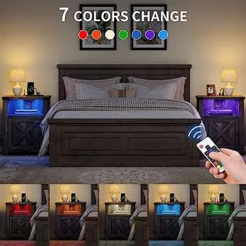 YITAHOME Farmhouse Nightstand with Charging Station & LED Lights, Nightstands Set of 2 Small Bedside Tables Set of 2, Side Tables Bedroom, Rustic Wood Night Stand, Brown Oak