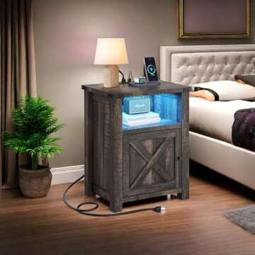 YITAHOME Farmhouse Nightstand with Charging Station & LED Lights, Nightstands Set of 2 Small Bedside Tables Set of 2, Side Tables Bedroom, Rustic Wood Night Stand, Brown Oak