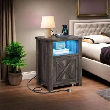 YITAHOME Farmhouse Nightstand with Charging Station & LED Lights, Nightstands Set of 2 Small Bedside Tables Set of 2, Side Tables Bedroom, Rustic Wood Night Stand, Brown Oak