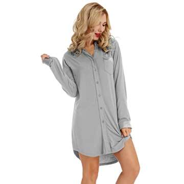 Women's Night Shirts Long Sleeve Sexy Sleep Shirt for Women Plus Size Sleepwear Rhino Grey 2XL