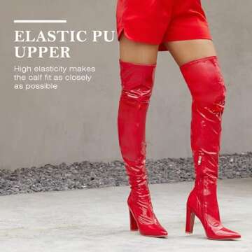 WSKEISP Patent Leather Thigh High Red Boots for Women - Stylish Knee High & Over The Knee Chunky Boo...