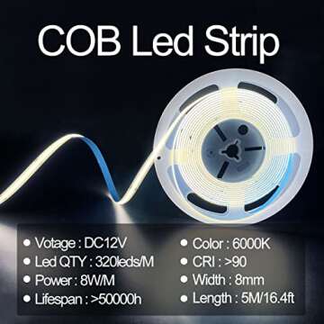 HAMRVL COB LED Strip Lights White 6000K,DC12V 16.4ft/5M 320leds/M CRI90 Flexible LED Tape Lights 8mm...