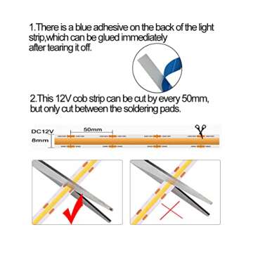HAMRVL COB LED Strip Lights White 6000K,DC12V 16.4ft/5M 320leds/M CRI90 Flexible LED Tape Lights 8mm,for Indoor Home Cabinet,Bedroom,Kitchen,Stage,Backlight DIY Lighting(Without Power Supply)