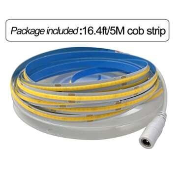 HAMRVL COB LED Strip Lights White 6000K,DC12V 16.4ft/5M 320leds/M CRI90 Flexible LED Tape Lights 8mm,for Indoor Home Cabinet,Bedroom,Kitchen,Stage,Backlight DIY Lighting(Without Power Supply)