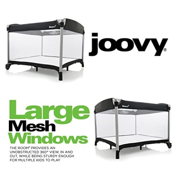 Joovy Room² Large Portable Playpen for Babies and Toddlers with Nearly 10 sq ft of Space, Large Mesh Windows for 360 View, and Waterproof Mattress Sheet - Folds Easily when Not in Use (Black)