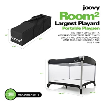 Joovy Room² Large Portable Playpen for Babies and Toddlers with Nearly 10 sq ft of Space, Large Mesh Windows for 360 View, and Waterproof Mattress Sheet - Folds Easily when Not in Use (Black)