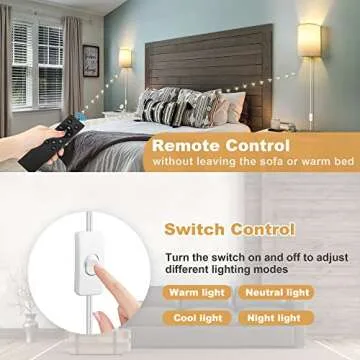 Plug in Wall Sconces,Stepless Colors 2700K-6500K & Stepless Dimming,Wall Sconces Set of Two with Remote & Switch Control,Plug in Wall Light with Timer,Wall Lamp with Plug in Cord,Bulbs Included,Linen