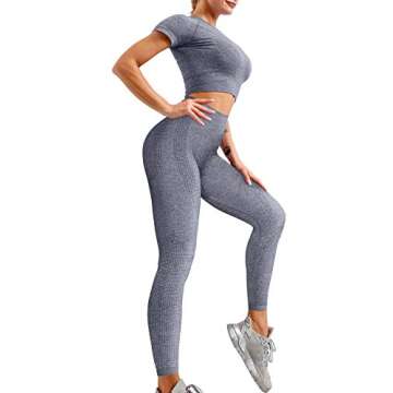 HYZ Women's Seamless 2 Piece Outfits Gym Crop Top Sets High Waist Bodycon Stretch Sport Legging Grey