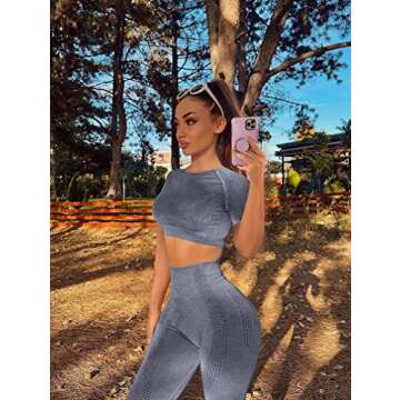 HYZ Women's Seamless 2 Piece Outfits Gym Crop Top Sets High Waist Bodycon Stretch Sport Legging Grey