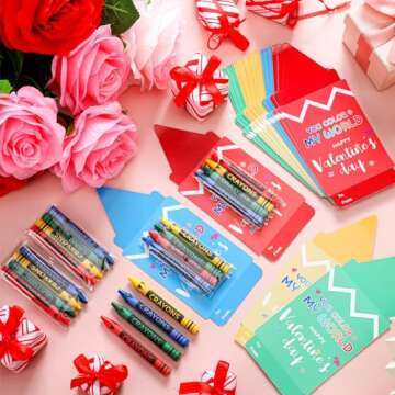 Glenmal 24 Pcs Valentines Day Gift Cards with Crayons for Kids Colorful Crayons for Kids Valentine's Classroom Exchange Prizes, Valentine School Party Favors Kids Student Classroom Gift Exchange