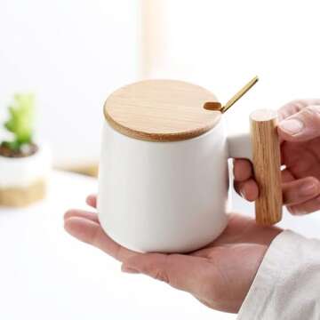 12 Oz Ceramic Coffee Mug with Wooden Lid and Gold Spoon - Milk Tea Cup for Office and Home, Funny Gifts for Lovers and Christmas (White)