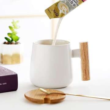 12 Oz Ceramic Coffee Mug with Wooden Lid and Gold Spoon - Milk Tea Cup for Office and Home, Funny Gifts for Lovers and Christmas (White)