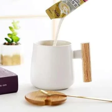 12 Oz Ceramic Coffee Mug with Wooden Lid and Gold Spoon - Milk Tea Cup for Office and Home, Funny Gifts for Lovers and Christmas (White)