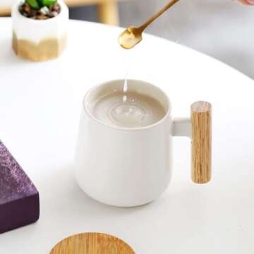12 Oz Ceramic Coffee Mug with Wooden Lid and Gold Spoon - Milk Tea Cup for Office and Home, Funny Gifts for Lovers and Christmas (White)
