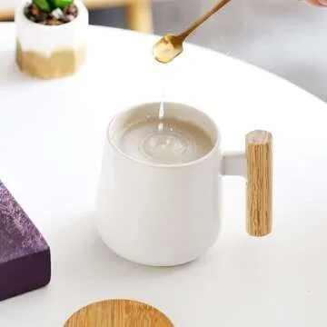 12 Oz Ceramic Coffee Mug with Wooden Lid and Gold Spoon - Milk Tea Cup for Office and Home, Funny Gifts for Lovers and Christmas (White)