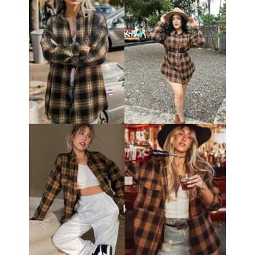 IN'VOLAND Womens Plus Size Flannel Plaid Shirt Roll Up Long Sleeve Mid-Long Button Down Shirts Casual Boyfriend Tops Brown