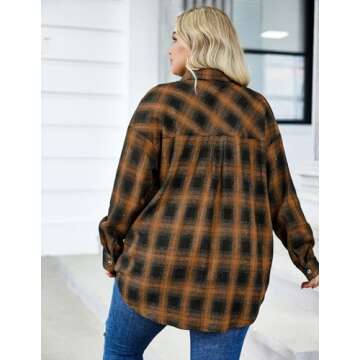 IN'VOLAND Womens Plus Size Flannel Plaid Shirt Roll Up Long Sleeve Mid-Long Button Down Shirts Casual Boyfriend Tops Brown