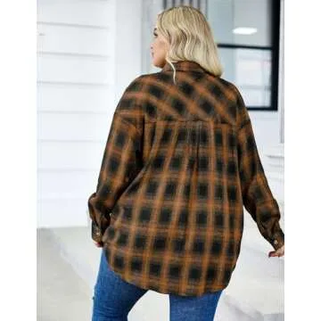 IN'VOLAND Womens Plus Size Flannel Plaid Shirt Roll Up Long Sleeve Mid-Long Button Down Shirts Casual Boyfriend Tops Brown