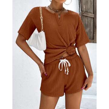 Ekouaer Ribbed Knit Lounge Sets for Women 2 Piece Outfits Short Sleeve Top and Shorts Pajama Sets Tracksuit Sweatsuits