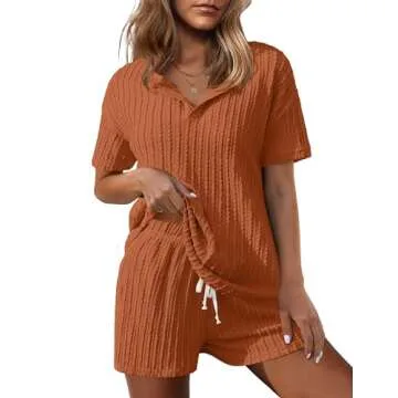 Ekouaer Ribbed Knit Lounge Sets for Women 2 Piece Outfits Short Sleeve Top and Shorts Pajama Sets Tracksuit Sweatsuits