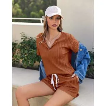 Ekouaer Ribbed Knit Lounge Sets for Women 2 Piece Outfits Short Sleeve Top and Shorts Pajama Sets Tracksuit Sweatsuits