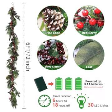 Artgar 6 Ft Christmas Garland with 30 Warm Lights, Green Artificial Christmas Garland with Pinecones...