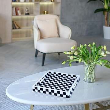 Handicrafts Home Handmade Illusion Check Pattern Inspired Decorative Tray - 12x12 Ottoman Tray, Multipurpose Resin Inlay Centerpiece Tray for Living Room Dining Entertaining and Display