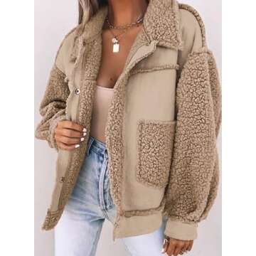 Dokotoo Womens Winter Sherpa Lined Shacket Jackets Fleece Snap-Button 2024 Fashion Trucker Long Sleeve Open Front Warm Thick Outwear Coats for Women,M,Brown