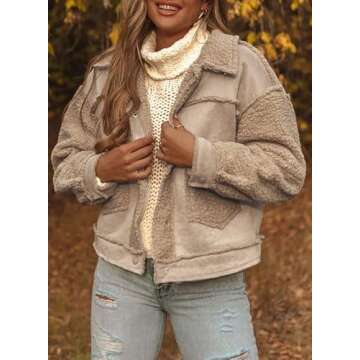 Dokotoo Womens Winter Sherpa Lined Shacket Jackets Fleece Snap-Button 2024 Fashion Trucker Long Sleeve Open Front Warm Thick Outwear Coats for Women,M,Brown