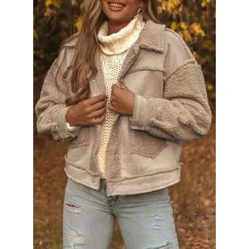 Dokotoo Womens Winter Sherpa Lined Shacket Jackets Fleece Snap-Button 2024 Fashion Trucker Long Sleeve Open Front Warm Thick Outwear Coats for Women,M,Brown