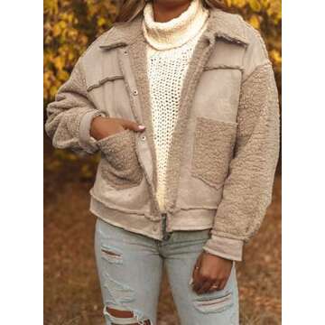 Dokotoo Womens Winter Sherpa Lined Shacket Jackets Fleece Snap-Button 2024 Fashion Trucker Long Sleeve Open Front Warm Thick Outwear Coats for Women,M,Brown