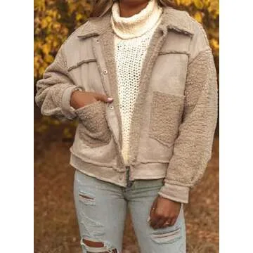 Dokotoo Womens Winter Sherpa Lined Shacket Jackets Fleece Snap-Button 2024 Fashion Trucker Long Sleeve Open Front Warm Thick Outwear Coats for Women,M,Brown