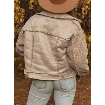 Dokotoo Womens Winter Sherpa Lined Shacket Jackets Fleece Snap-Button 2024 Fashion Trucker Long Sleeve Open Front Warm Thick Outwear Coats for Women,M,Brown