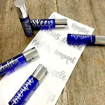 Got Oil Supplies Vinyl Essential Oil Labels - Fits 10ml Roller Bottles and Boston Round Glass Vials - 24 Blue & Pink, Gold or Silver Bottle Stickers to Choose from (Silver)