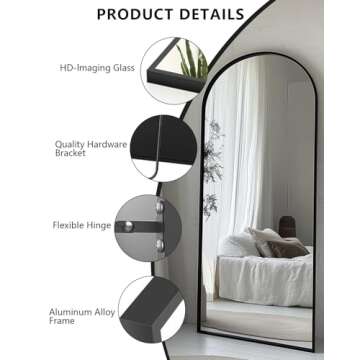 SUNQUEEN Arched Mirror Full Length, 71"×32" Full Length Mirror with Stand, Standing Floor Mirror Wall, Hanging or Leaning Large Full Body Mirror for Bedroom Living Room (Black)