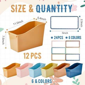 Geetery 12 Pcs Book Bin with Labels - Stackable Organizing Bins for Classroom and Home