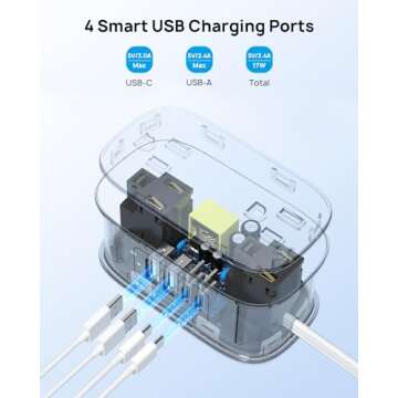 TROND Flat Plug Power Strip: 3.3ft Wrapped Short Extension Cord with 4 Outlets, 4 USB Ports, Small Charging Station, Travel Home Office Cruise Ship Dorm Room Essentials, Gray