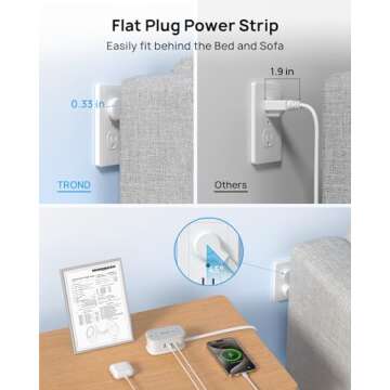 TROND Flat Plug Power Strip: 3.3ft Wrapped Short Extension Cord with 4 Outlets, 4 USB Ports, Small Charging Station, Travel Home Office Cruise Ship Dorm Room Essentials, Gray