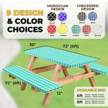 RNOONY Vinyl Fitted Picnic Table Cover with Bench Covers and Bag, Outdoor Waterproof Picnic Tableclo...