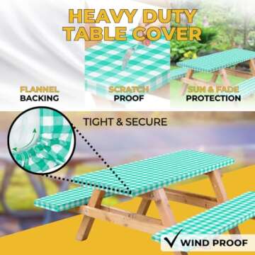 RNOONY Vinyl Fitted Picnic Table Cover with Bench Covers and Bag, Outdoor Waterproof Picnic Tablecloth with Elastic Edges, 72x30 Inches 3 Pcs Set (Green)