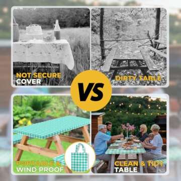 RNOONY Vinyl Fitted Picnic Table Cover with Bench Covers and Bag, Outdoor Waterproof Picnic Tablecloth with Elastic Edges, 72x30 Inches 3 Pcs Set (Green)