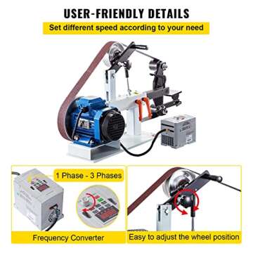 Happybuy 2Hp Belt Grinder 2 x 82inch Variable Speed Belt Sander with 3 Grinding Wheel Bench Sander 12inch Wheel and Flat Platen Tool Rest for Knife Making