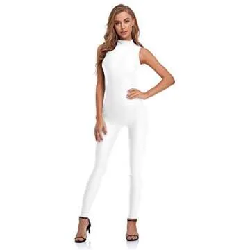 speerise One Piece Bodycon Jumpsuit for Women Sleeveless Spandex Bodysuit Zipper Romper for Club Catsuit, White, M